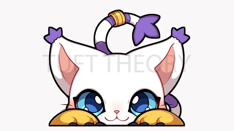 May include: A white cartoon cat with purple ears and a tail with a gold band. The cat has blue eyes and is peeking over a surface with its paws showing.
