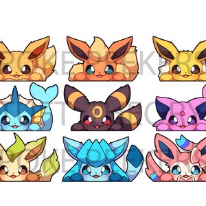 May include: Nine different Pokemon characters are shown in a row. Each character is peeking over a surface, with their heads and shoulders visible. The characters are all in their evolved forms, including Vaporeon, Jolteon, Flareon, Espeon, Umbreon, Leafeon, Glaceon, Sylveon, and  Eevee.
