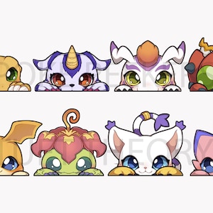 May include: Eight cartoon Digimon characters peeking over a white surface. The Digimon are in various colors and poses, including a yellow and orange Digimon with wings, a green Digimon with a flower on its head, and a pink Digimon with a purple tail.