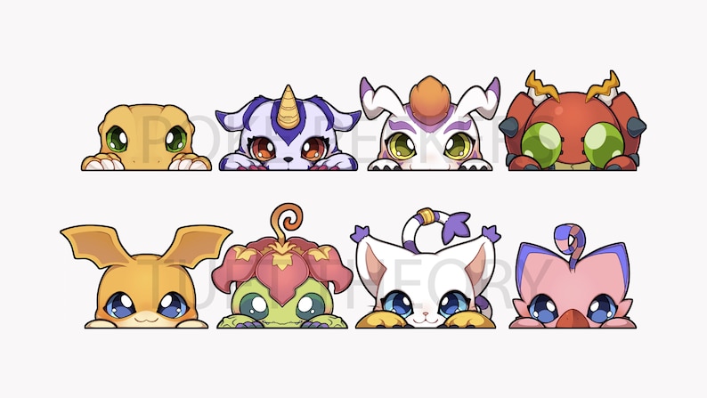 May include: Eight cartoon Digimon characters peeking over a white surface. The Digimon are in various colours and poses, including a yellow and orange Digimon with wings, a green Digimon with a flower on its head, and a pink Digimon with a purple tail.