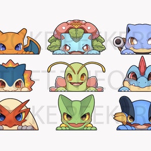 May include: Nine cartoon Pokemon characters peeking over a white surface. The characters are Bulbasaur, Charmander, Squirtle, Ivysaur, Charmeleon, Wartortle, Venusaur, Charizard, and Blastoise. Each character is in its first, second, and final evolutionary form.