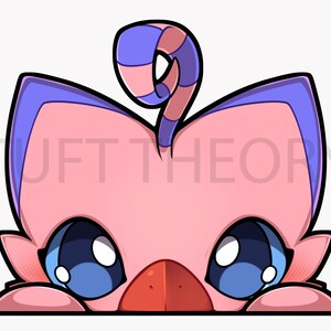 May include: A pink cartoon cat with blue ears and a curled tail peeks over a surface. The cat has large blue eyes and a red nose. The text "TUFT THEORY" is visible in the background.