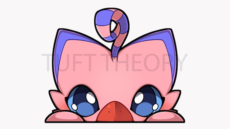 May include: A pink cartoon cat with blue ears and a curled tail peeks over a surface. The cat has large blue eyes and a red nose. The text "TUFT THEORY" is visible in the background.