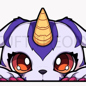 May include: A cartoon illustration of a purple and white unicorn peeking over a surface. The unicorn has a gold horn, large orange eyes, and a pink nose.