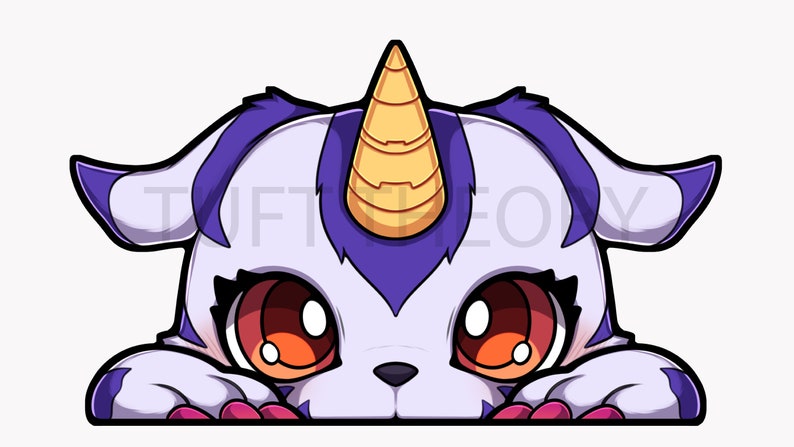 May include: A cartoon illustration of a purple and white unicorn peeking over a surface. The unicorn has a gold horn, large orange eyes, and a pink nose.
