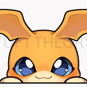 May include: A cartoon illustration of a cute orange creature with large blue eyes and a small smile. The creature is peeking over a surface with its ears sticking up.