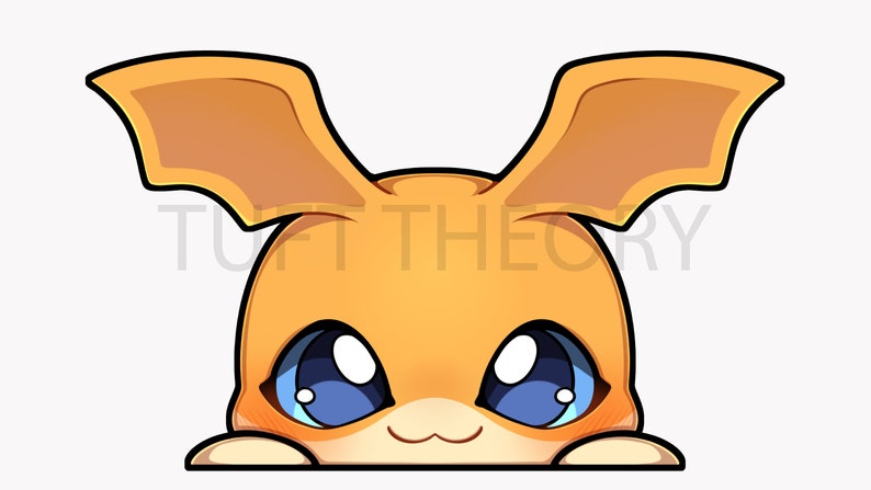 May include: A cartoon illustration of a cute orange creature with large blue eyes and a small smile. The creature is peeking over a surface with its ears sticking up.