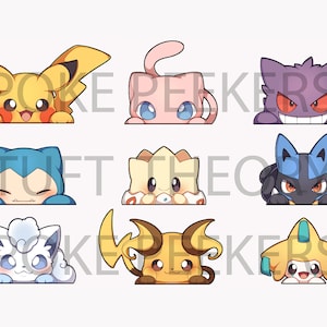 May include: Nine different Pokemon characters peeking over a white background. The characters are Pikachu, Meowth, Gengar, Squirtle, Togepi,  Lucario,  Eevee,  Jolteon, and  Flareon.