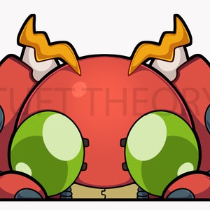 May include: A red cartoon robot with large green eyes and yellow lightning bolt antennas peeking over a surface.