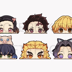 May include: Six anime characters peeking over a surface. The characters are from the anime series Demon Slayer. The characters are Tanjiro Kamado, Nezuko Kamado, Zenitsu Agatsuma, Inosuke Hashibira, Giyu Tomioka, and Shinobu Kocho.