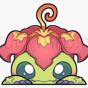 May include: A cartoon illustration of a green creature with large eyes peeking out from behind a pink flower with yellow accents. The flower has a curled orange stem.
