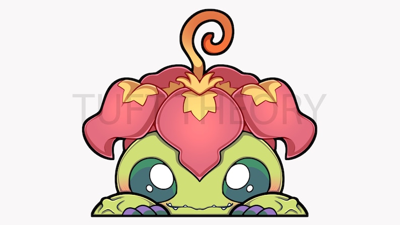 May include: A cartoon illustration of a green creature with large eyes peeking out from behind a pink flower with yellow accents. The flower has a curled orange stem.