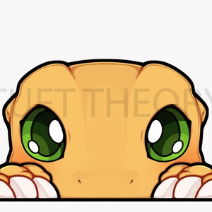 May include: A cartoon illustration of a small orange dinosaur with green eyes peeking over a surface. The dinosaur has white claws and a small snout.
