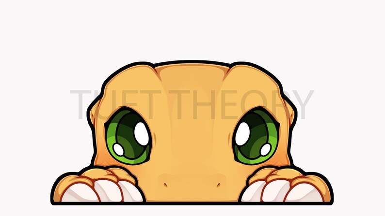 May include: A cartoon illustration of a small orange dinosaur with green eyes peeking over a surface. The dinosaur has white claws and a small snout.