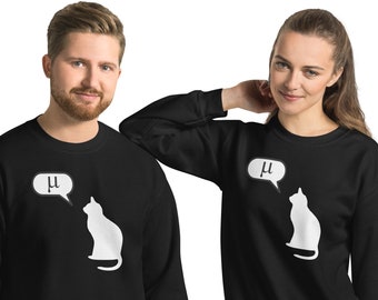 May include: Two black sweatshirts with a white cat and a speech bubble with the letter 'μ' printed on them.