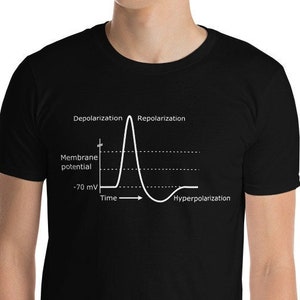 May include: A black t-shirt with a white graphic of a graph depicting a neuron action potential. The graph shows the stages of depolarization, repolarization, and hyperpolarization. The x-axis is labeled "Time" and the y-axis is labeled "Membrane potential".
