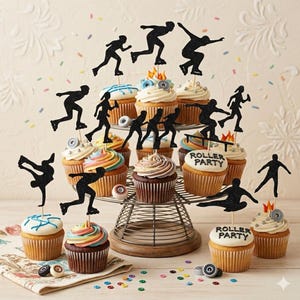 May include: A collection of black glittery roller skater cupcake toppers displayed on a tiered wire stand with various frosted cupcakes. Some toppers feature silhouettes of skaters in motion, while others include the text Roller Party.
