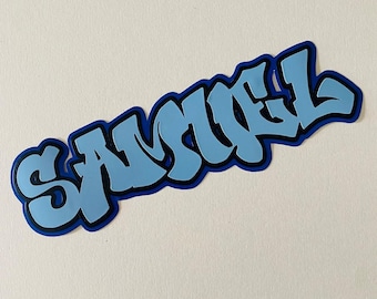 Pegatina con nombre en tono azul, estilo grafiti, decoración personalizada