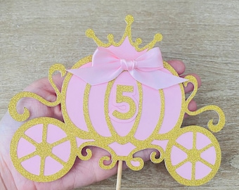 Princess Carriage Pink Personalized Number Birthday Party Decor Cake Topper