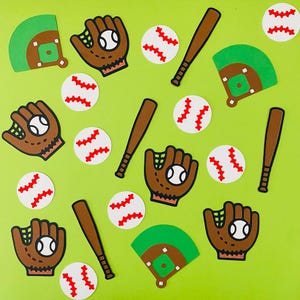 May include: A collection of baseball-themed cutouts on a green background. The image features baseballs with red stitching, brown baseball gloves, wooden bats, and green and brown baseball fields. The elements are arranged in a scattered pattern.