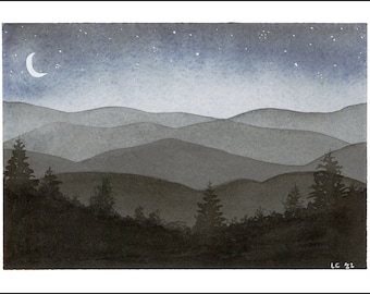 Mountain Art Watercolor Print- Moonlight Blue Ridge Mountains Painting