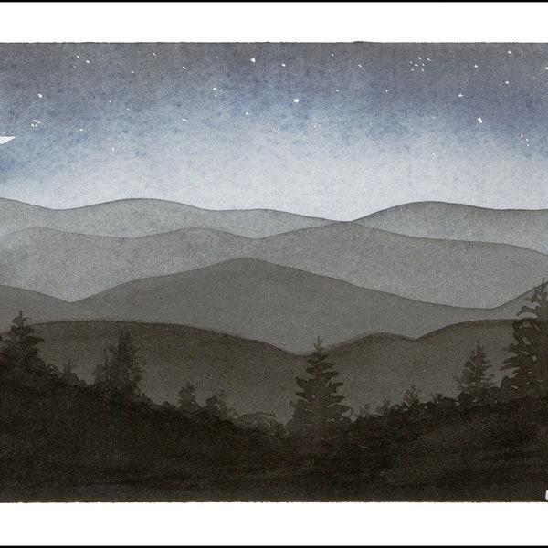 Mountain Art Watercolor Print- Moonlight Blue Ridge Mountains Painting