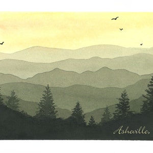 Paquete de 5 postales de arte de montaña: Asheville, Black Mountain, Blue Ridge Parkway, impresión de acuarela pintada a mano, ayuda para el huracán Helene
