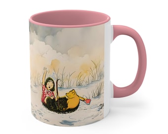 Classic Winnie the Pooh Cup Mug | Pooh and Christopher Robin in the Umbrella River Flood | Best 11 Oz Aesthetic Drinkware |
