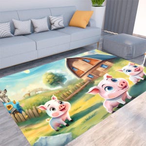 Alfombra de los tres cerditos: decoración de habitación de cuento de hadas caprichosa, alfombra con cerditos de dibujos animados adorables, alfombra con escena de cuento de hadas divertida para la sala de juegos del dormitorio de los niños