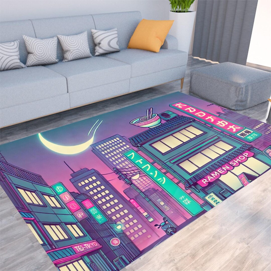 Retro Japanese Cityscape Rug - Anime-inspired Night Scene With Ramen ...