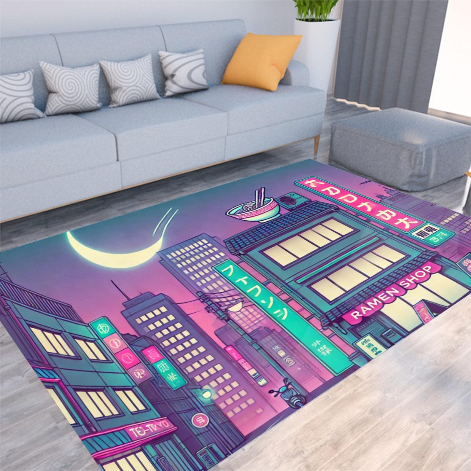 Retro Japanese Cityscape Rug - Anime-inspired Night Scene With Ramen ...