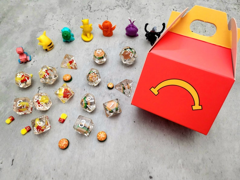 Unhappy Meal Hamburger Fries Burger Dice Set D&D Dice DND Full Set w/ Box