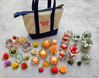 Trade Dice Fruit Flower Strawberry Orange Pineapple Canvas Bag Dice Set | D&D Dice | DND