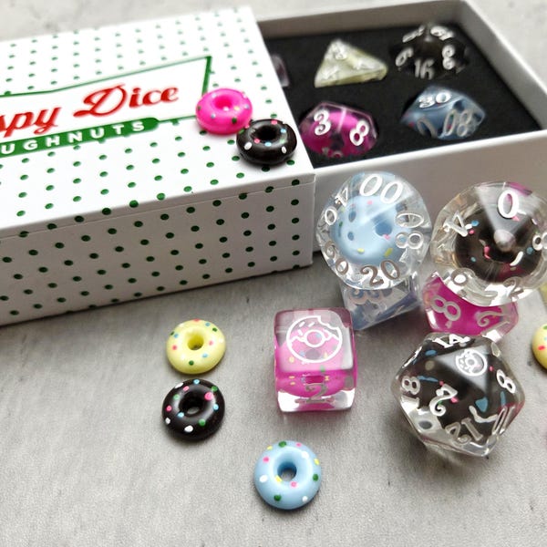 Donut Dice Set: D&D RPG Polyhedral Dice with Krispy Kreme Inspired Box