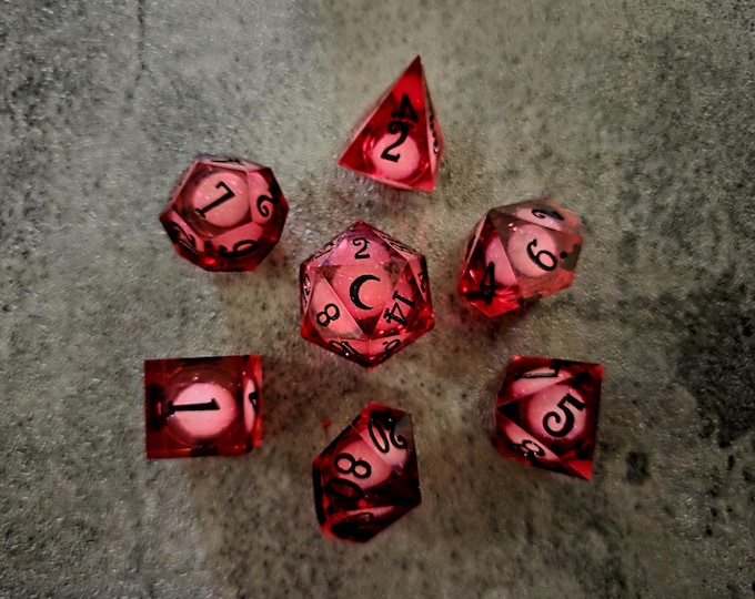 Scarlet Crescent Liquid Core Dice: Red Moon Star D&D Dice Set