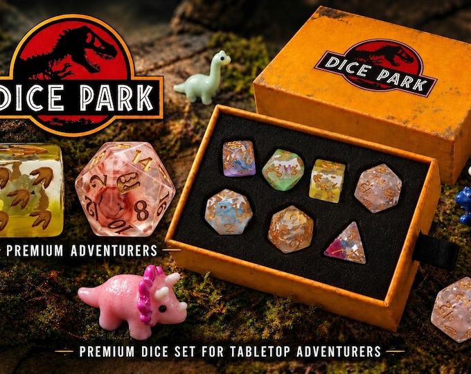 DICE PARK Dinosaur Dice Set | 7pc RPG Dice Set | Dinosaur Inside Dice | Resin D&D Dice | DnD Gift | Tabletop Gaming
