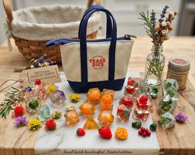 Trade Dice Fruit Flower Strawberry Orange Pineapple Canvas Bag Dice Set | D&D Dice | DND