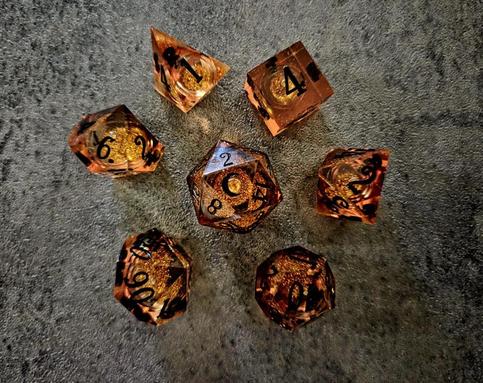 Solar Prism Liquid Core Dice: Gold Moon Star D&D Dice Set