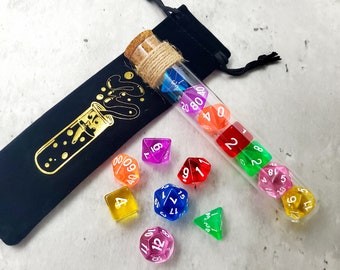 Rainbow Resin Dice Set: Glass Tube Flask, Velvet Pouch | D&D, DND