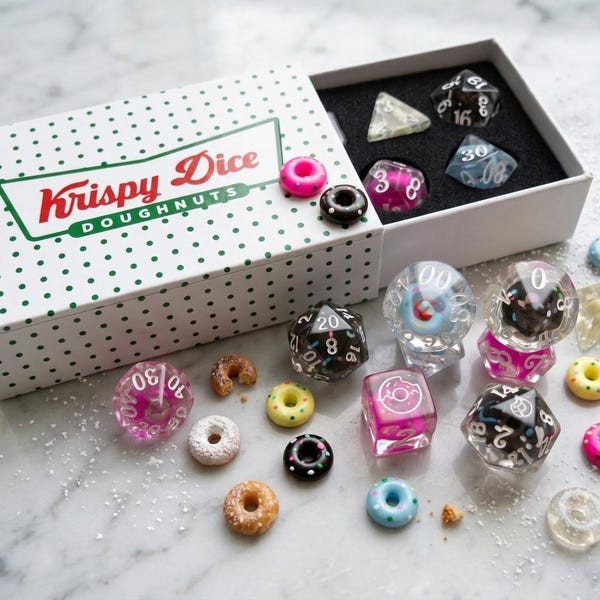 Conjunto de Dados Donut: Dados poliédricos para RPG de D&D com caixa inspirada na Krispy Kreme