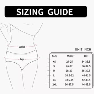 May include: A sizing guide with the text "SIZING GUIDE" at the top. The guide includes a diagram of a person's waist and hip measurements, with a table showing sizes XS to 2XL, waist measurements in inches, and hip measurements in inches.