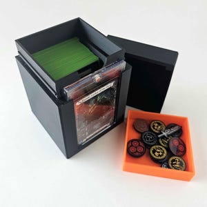yugioh deck box with dice tray Super Large Card Storage for MTG Yugioh, Card Case Holds 600+ Unsleeved Cards, Card Organizer Compatible with Magic TCG CCG with 2 Commander Display Windows (Black&Purple） kind read oak deck box features a unique magnetic lid One Piece Tcg Dice Tray