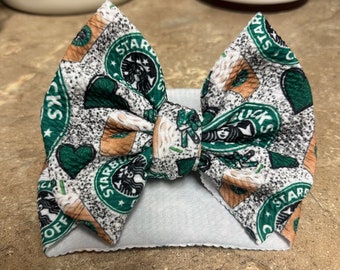 Starbucks Baby Headwrap | Big Bow | Baby Coffee Bow | Bullet Fabric | Baby & Little Girl Accessories | Baby Size 14"