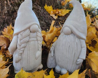 Mr & Mrs Gnome Garden Statue Set, Handmade Concrete Nordic Gnome Couple, Sealed Outdoor Garden Decor