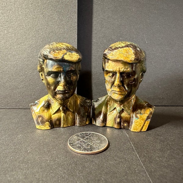 Lot of 2 Hand poured/cast Nordic Gold and Bronze Trump head/bust antiqued and varnished “Swamp East Bullion”