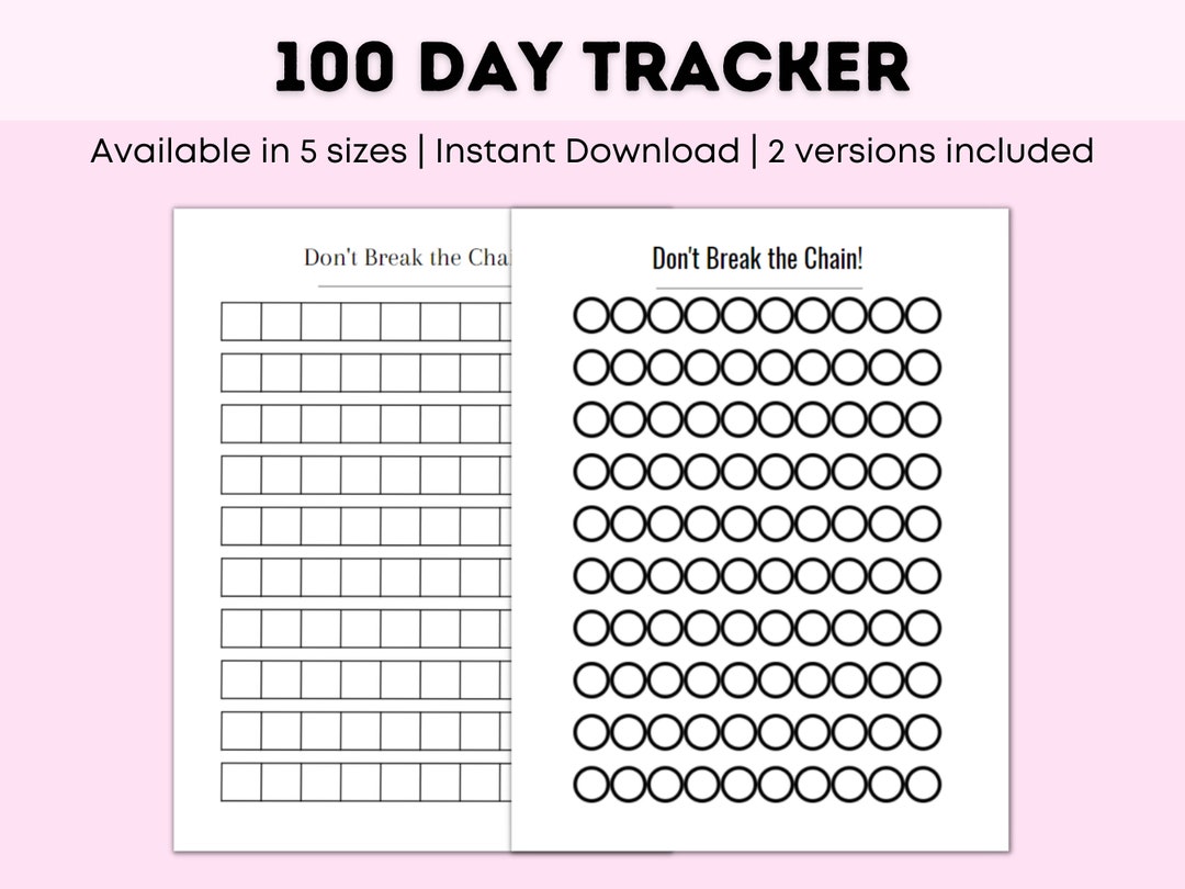 100 Day Tracker Instant Download Goal Tracker Printable and