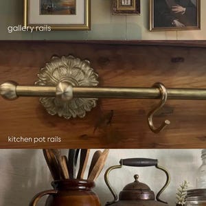 May include: A collection of brass hardware including a gallery rail with hanging framed art, a kitchen pot rail with an S-hook mounted on wood, and a shelf rail. The text reads: Check Out My Other Listings Too!, gallery rails, kitchen pot rails, shelf rails.