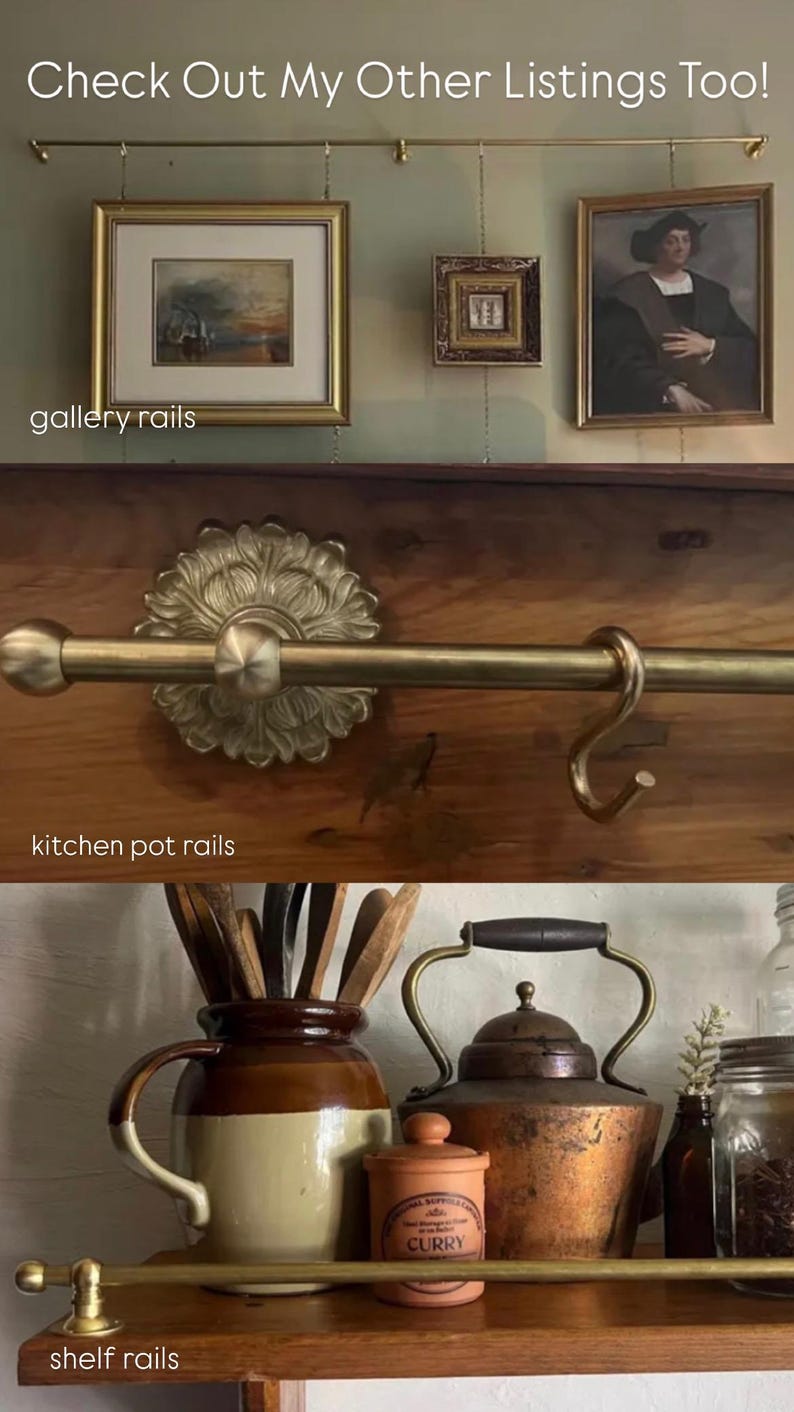 May include: A collection of brass hardware including a gallery rail with hanging framed art, a kitchen pot rail with an S-hook mounted on wood, and a shelf rail. The text reads: Check Out My Other Listings Too!, gallery rails, kitchen pot rails, shelf rails.