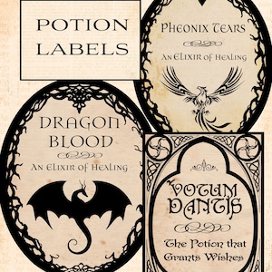 May include: A collection of rectangular and oval potion labels on aged parchment paper. The labels feature black decorative borders and text including Potion Labels, Pheonix Tears An Elixir of Healing, Dragon Blood An Elixir of Healing, and Votum Dantis The Potion that Grants Wishes.