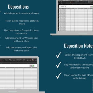 Op de afbeelding: Een teal achtergrond met witte tekst die de kenmerken van een tool voor het afnemen van getuigenverklaringen beschrijft. De afbeelding toont twee laptops met spreadsheets. Functies zijn onder meer het toevoegen van namen van getuigen en gegevensinvoer.